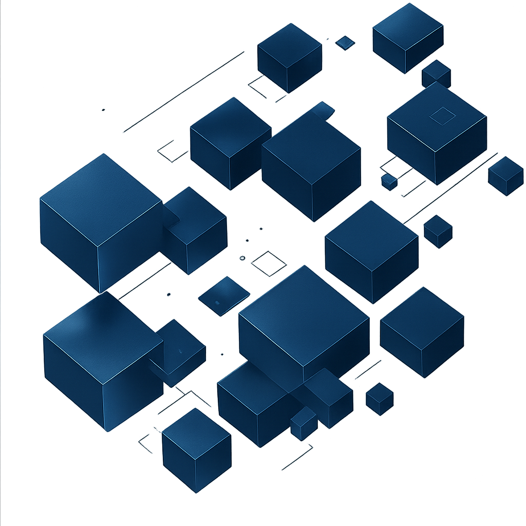 3D isometric cubes representing AI systems and data architecture